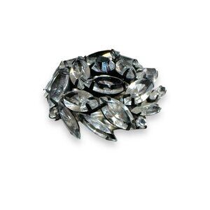 Vintage Japanned Metal Clear Crystal Brooch With Open Back Navette & Chaton Crys